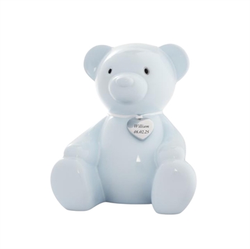 Sparebøsse bamse, lyseblå med navn